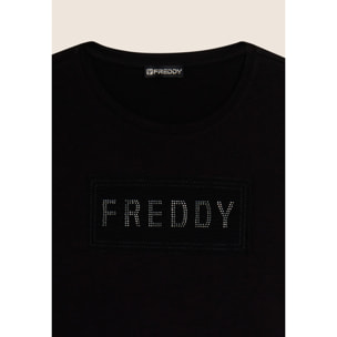 T-shirt con strass e inserto in mesh