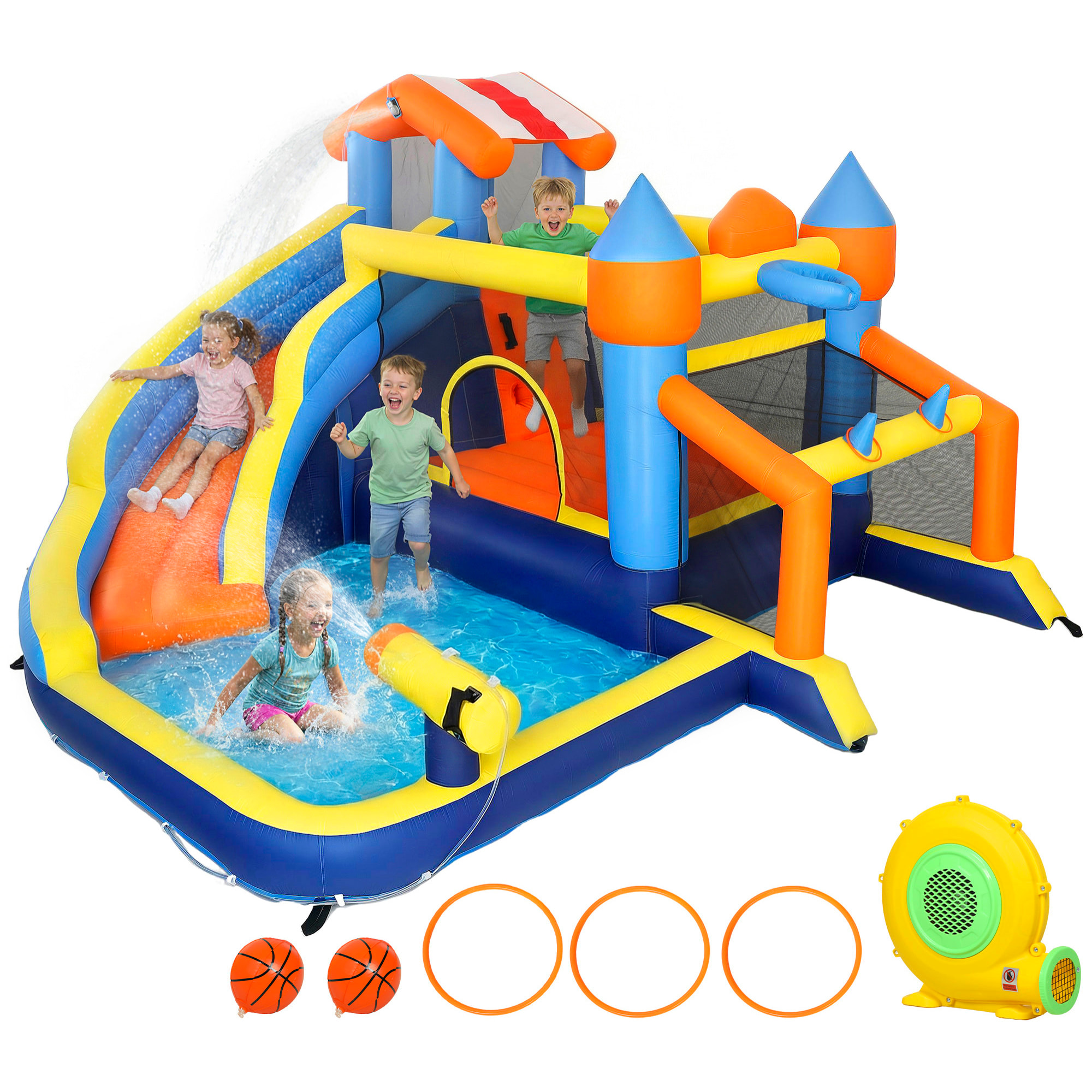 Castillo Hinchable Acuático 8 en 1 con Soplador 550W Castillo Hinchable Niños con Tobogán Zona de Salto Escalada Piscina Portería Canasta Lanzamiento de Aros Exterior Interior 350x325x210 cm