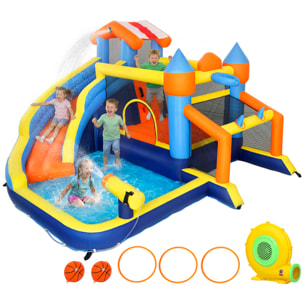 Castillo Hinchable Acuático 8 en 1 con Soplador 550W Castillo Hinchable Niños con Tobogán Zona de Salto Escalada Piscina Portería Canasta Lanzamiento de Aros Exterior Interior 350x325x210 cm