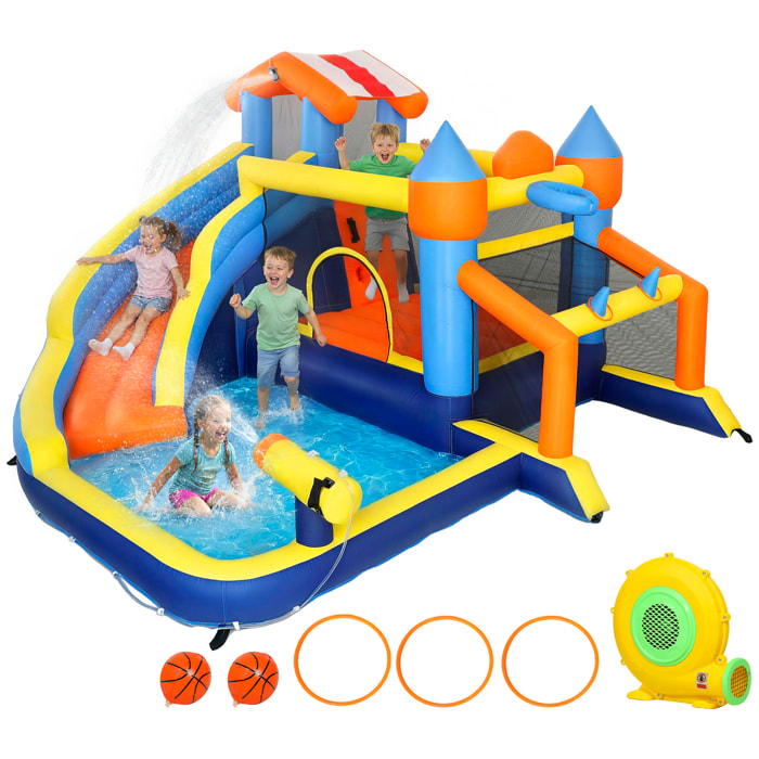 Castillo Hinchable Acuático 8 en 1 con Soplador 550W Castillo Hinchable Niños con Tobogán Zona de Salto Escalada Piscina Portería Canasta Lanzamiento de Aros Exterior Interior 350x325x210 cm