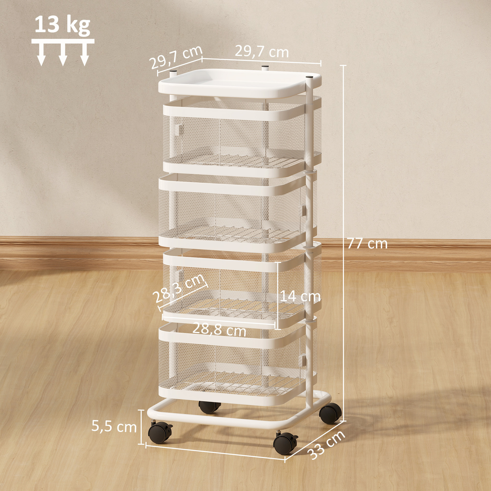Resserre de cuisine 4 paniers rotatifs sur roues en métal H.77cm blanc