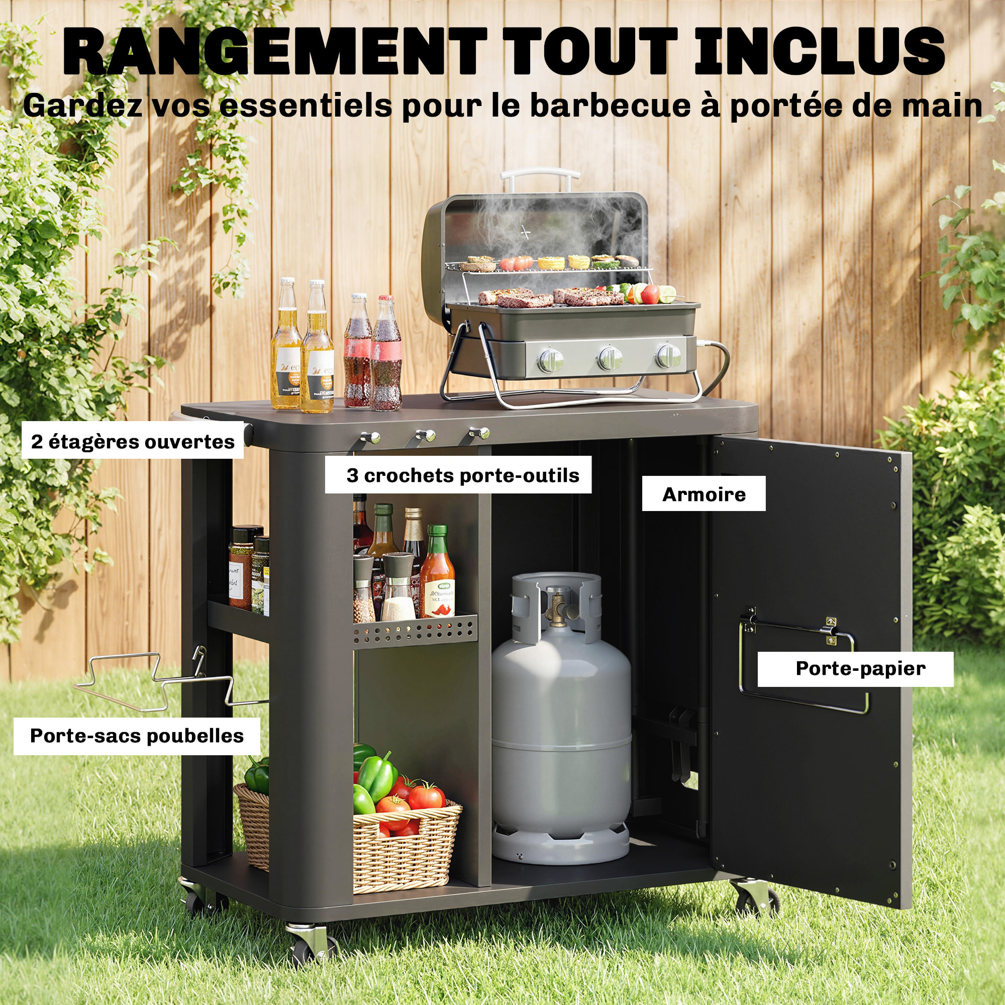 Desserte de jardin chariot plancha barbecue multi-rangement acier laminé froid noir