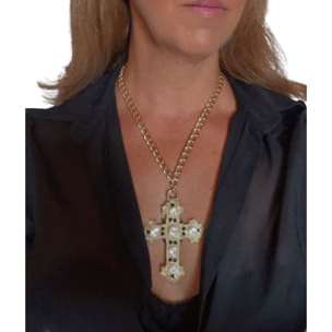 Collar cruz con cristales de sw en cristal y negro sobre dorado. 50cm
