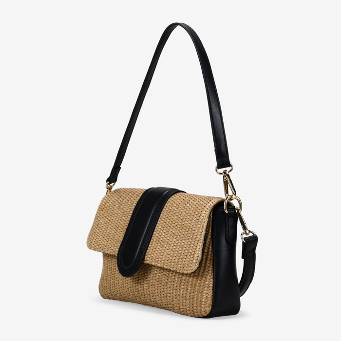Bolso de hombro negro en rafia con solapa