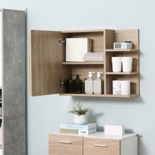 Armoire miroir de salle de bain avec étagère - 3 étagères latérales - kit installation murale fourni - panneaux particules aspect chêne clair