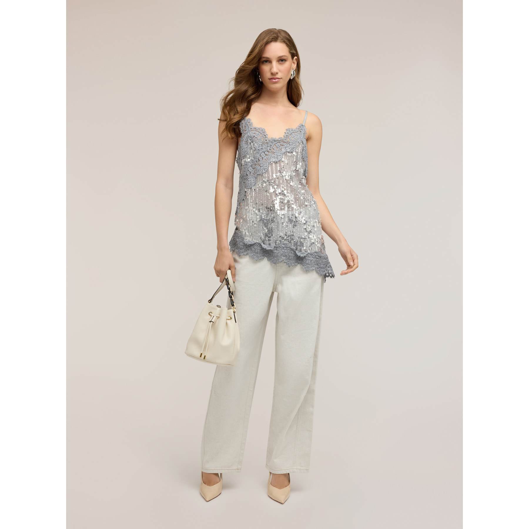 Motivi - Top in tulle con paillettes e pizzo - Grigio