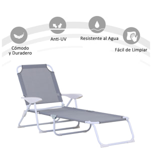 Tumbona Reclinable y Plegable de Jardín Respaldo Ajustable en 4 Posiciones Gris