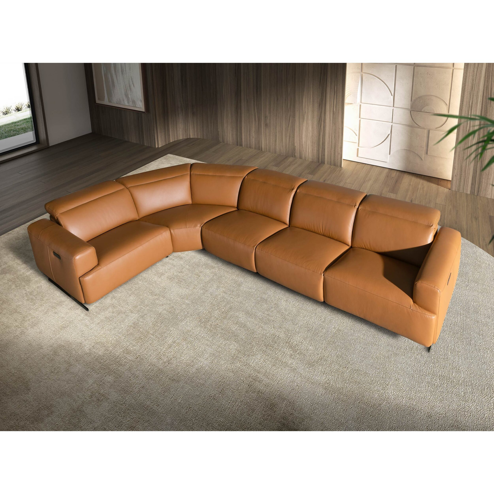 Sofá rinconera relax izquierda de 5 plazas tapizado en piel de origen vacuno en marrón con reposacabezas para garantizar una mayor comodidad patas de acero inoxidable en epoxi negro 310x310x97cm