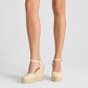 Alpargata de cuña 8 cm en lona de algodón con talonera trenzada y pulsera al tobillo