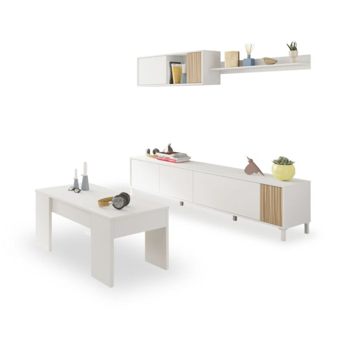 Pack salón con mesa de centro Nitza Plus V2 Blanco Artik (Blanco Mate) - Natur