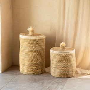 Panier à linge en fibres végétales et laine - Blanc