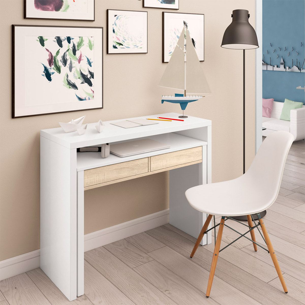 Mesa De Escritorio Extensible 88x99x36 Cm Roble Canadian/blanco
