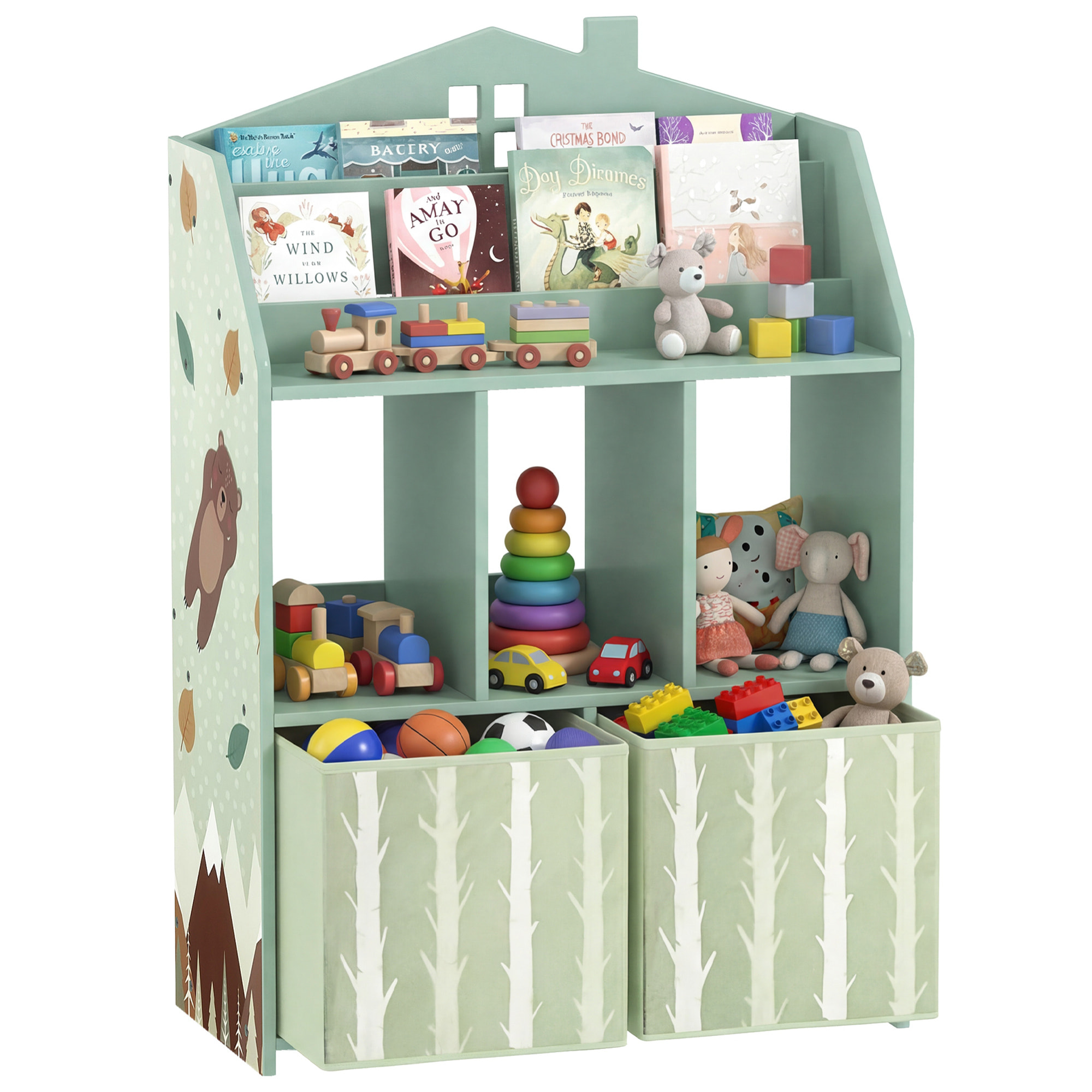 Estantería Infantil para Juguetes con Cajones de Tela, Estantes Abiertos, Diseño de Ositos, Organizador de Juguetes para Dormitorio, Sala de Juegos, Guardería, Verde