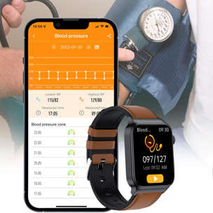 Smartwatch E500 con rilevamento della glicemia, pressione sanguigna e monitor O2. ECG con misurazione del torace. Schermo 1.8. Cinturino in pelle.