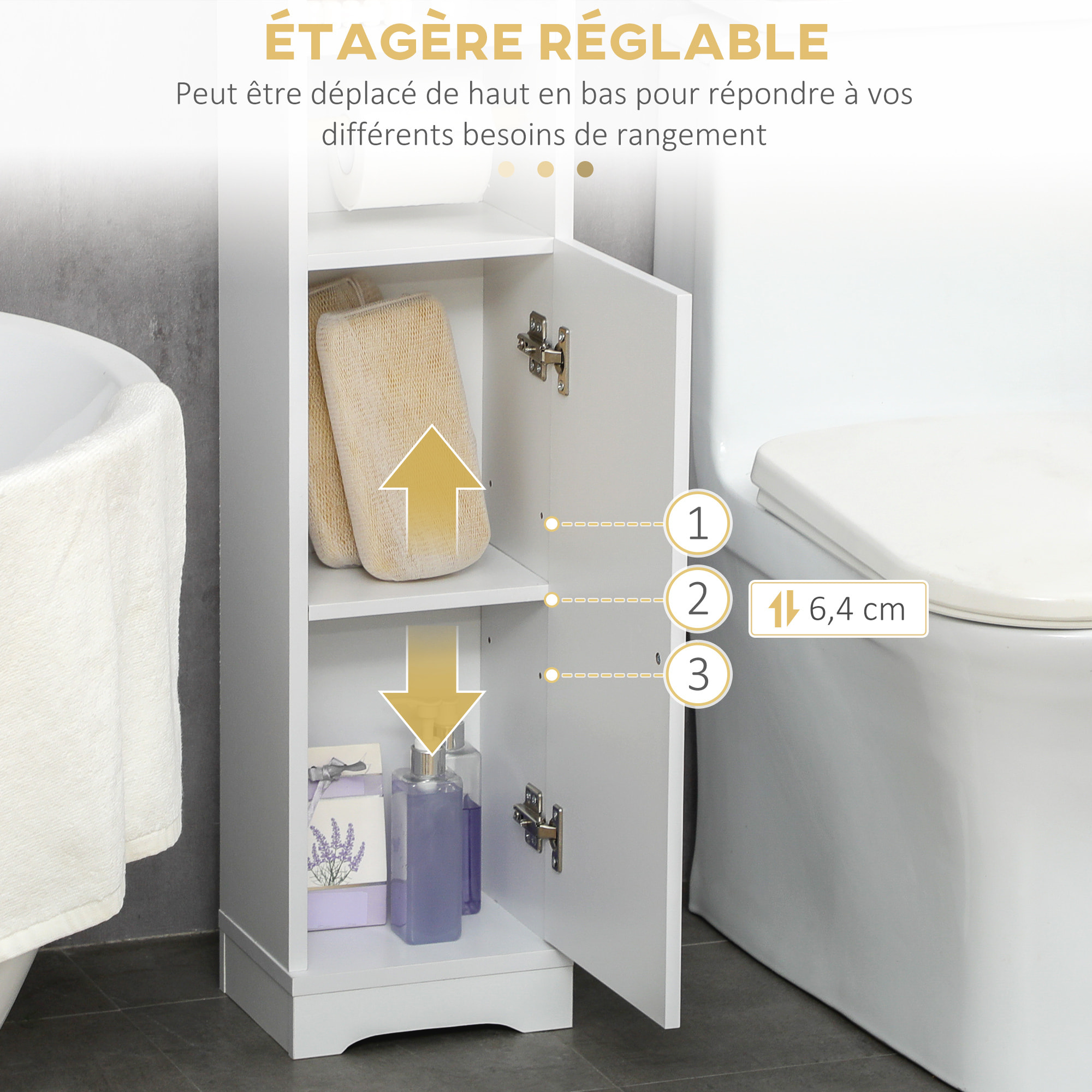 Meuble WC armoire toilette - porte, 2 étagères, niche, support papier - dim. 23L x 18l x 100H cm - blanc