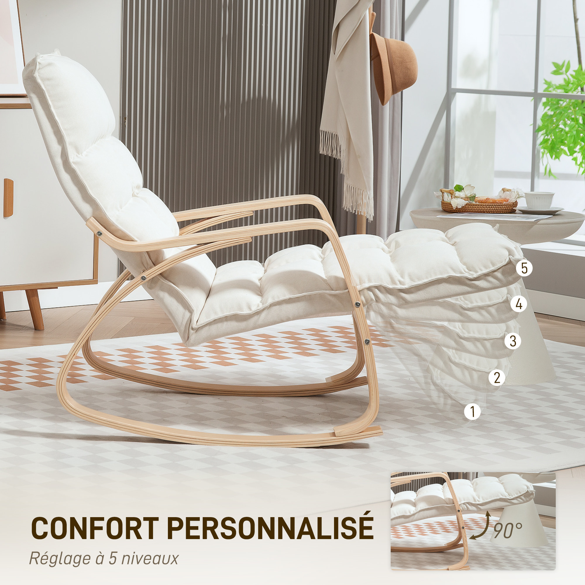 Fauteuil à bascule style nordique repose-pieds ajustable épais coussin blanc cassé bois clair cintré