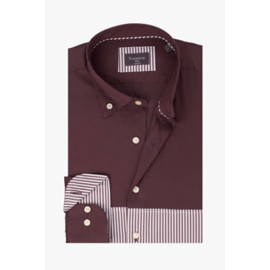 Camicia Uomo 1 Bottone Button Down Doppio Popeline Stretch Unito Bordeaux