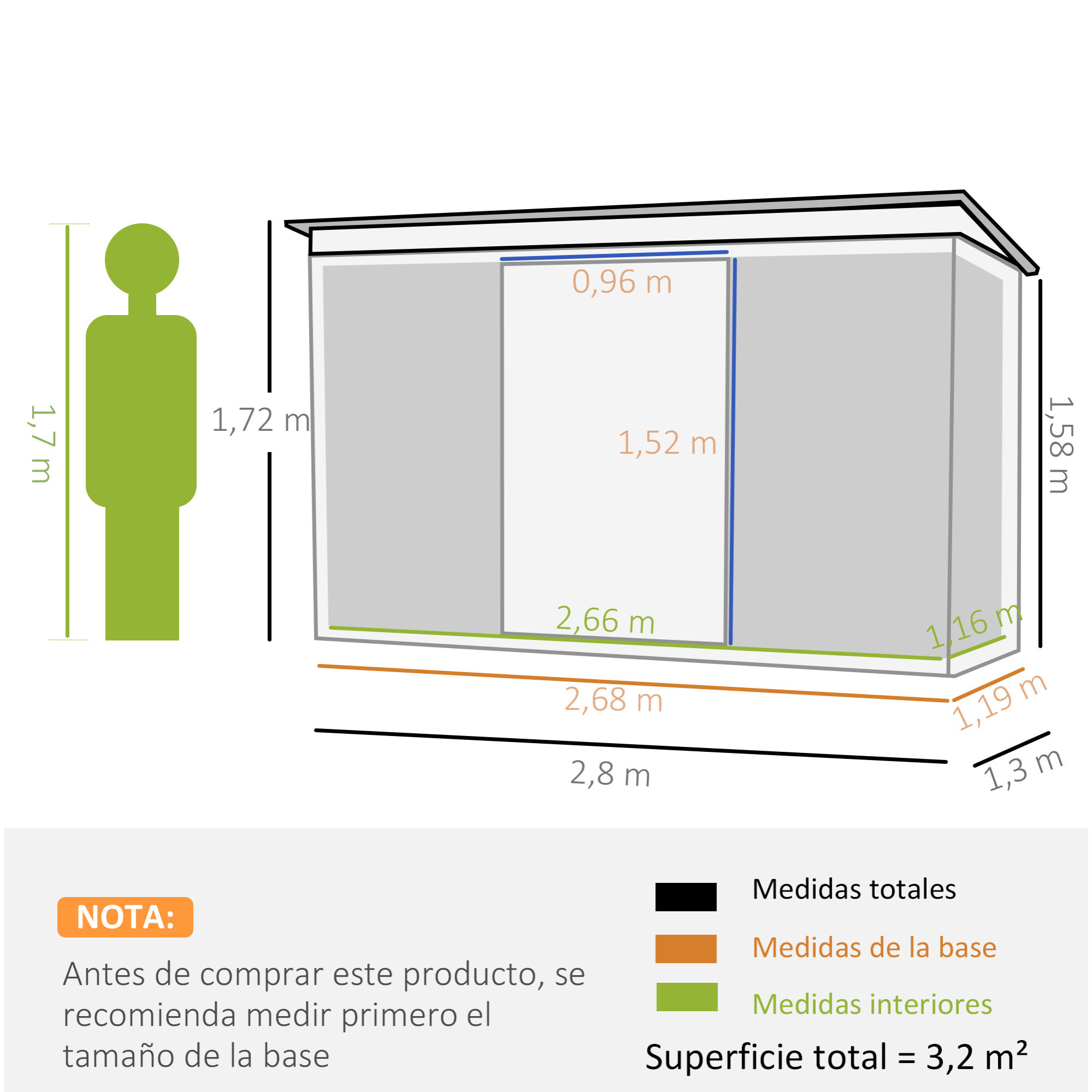 Caseta de Jardín Exterior 3,2 m² 280x130x172 cm Cobertizo de Jardín Exterior con Puerta Corredera Techo Inclinado Base Refuerzo (Suelo NO Incluido) y 2 Ventanas Gris Claro