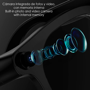Gafas inteligentes HY15 con cámara de 12 MP para fotos y video de 2.5k. Traductor en tiempo real con asistente de voz inteligente y acceso a ChatGPT vía app. Control de música y llamadas.