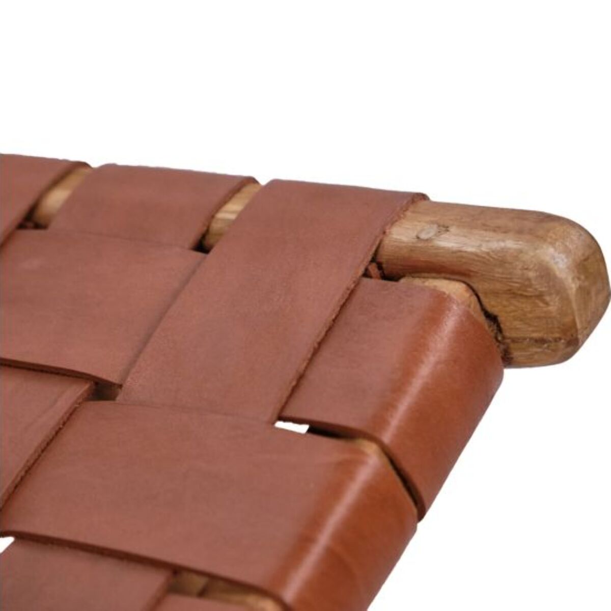 Chaise relax lounge en bois de teck et sangles croisées en cuir - PIOU