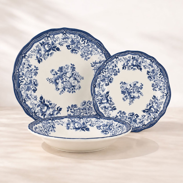 Service de table 36 pièces en grès blanc et bleu FAUSTINE