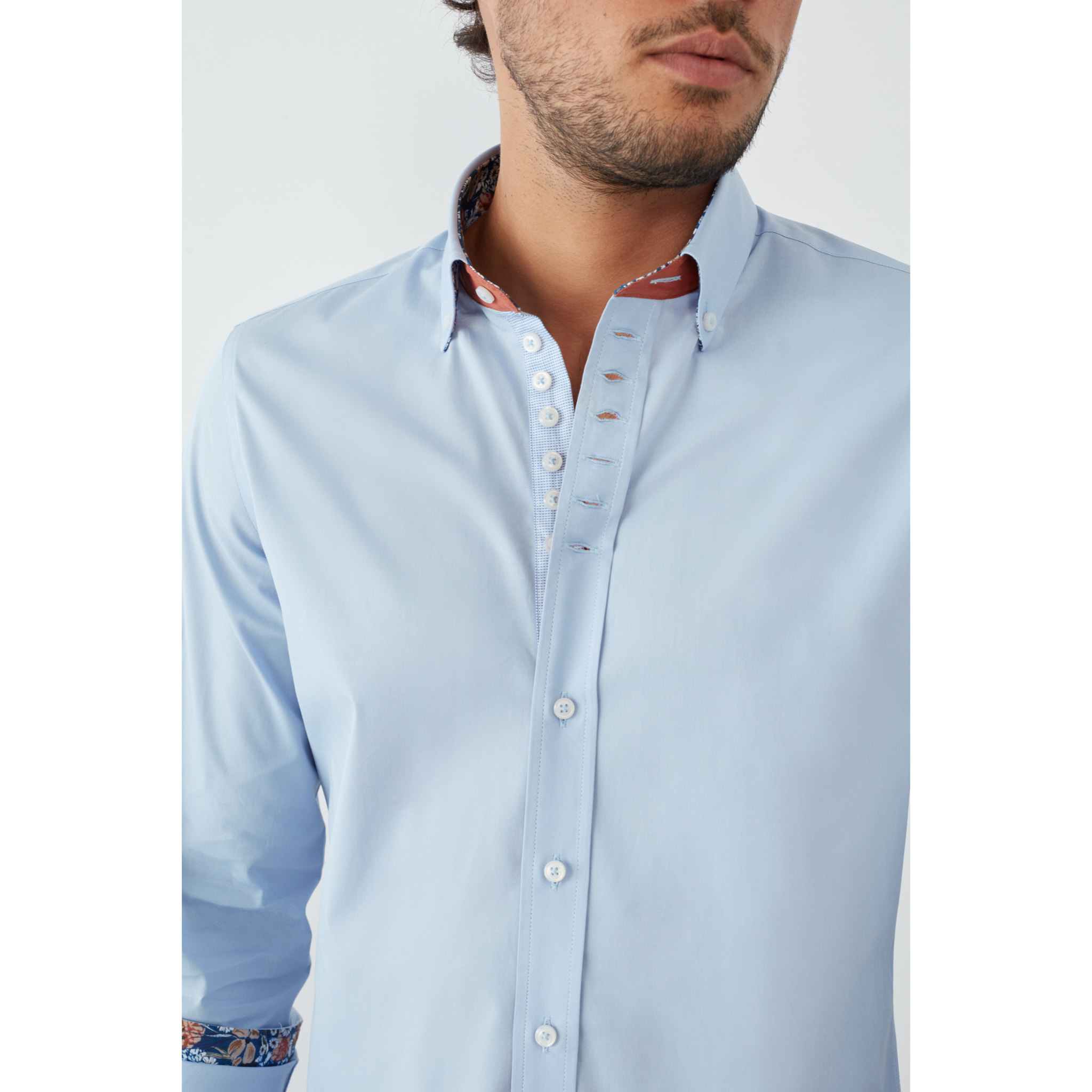 Camicia Uomo 1 Bottoni Button Down Slim Popeline Stretch Unito Celeste