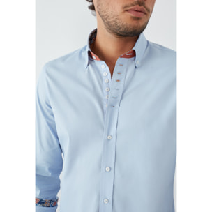 Camicia Uomo 1 Bottoni Button Down Slim Popeline Stretch Unito Celeste