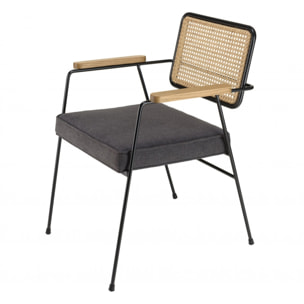 ALBANE - Fauteuil métal noir assise tissu gris foncé dossier rotin