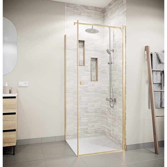 Porte de Douche Pivotante 70x195cm et Retour 90cm - Verre 8mm Anticalcaire - Profil Or Brosse