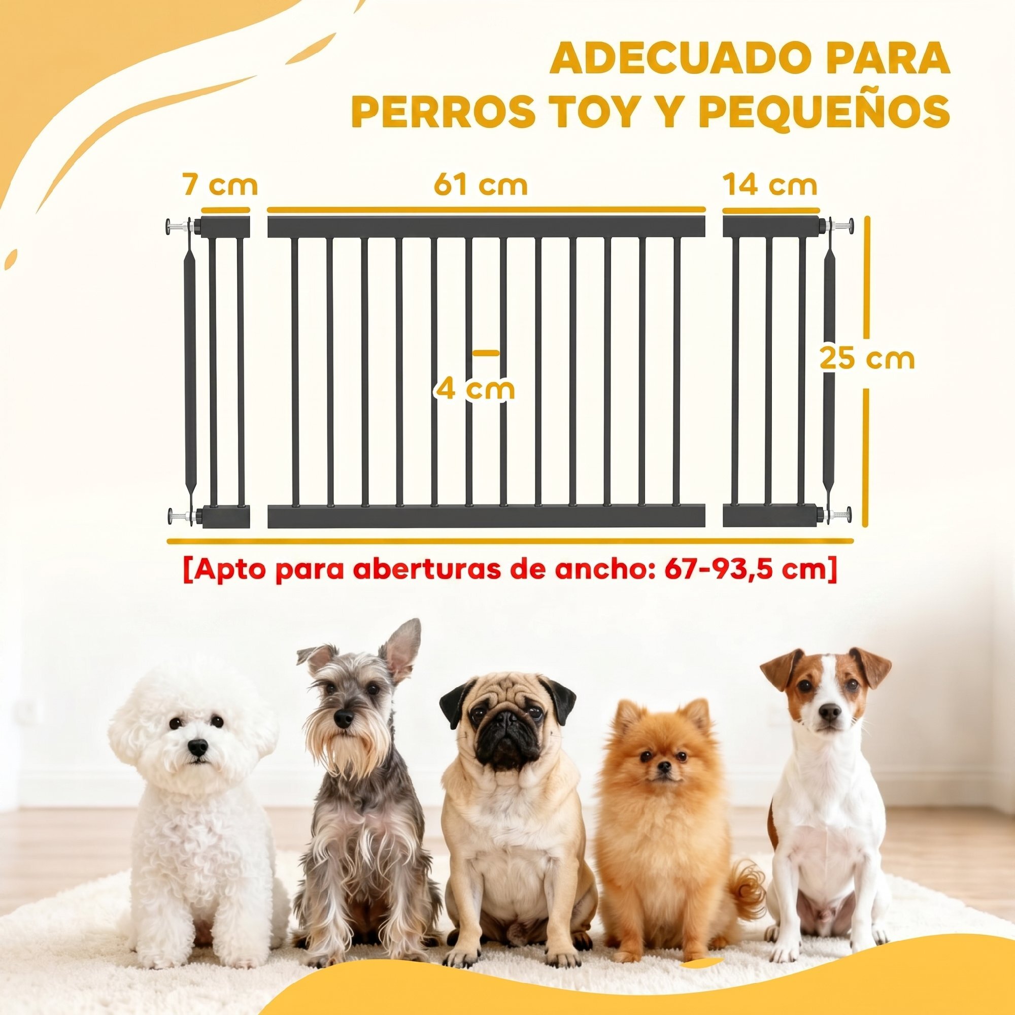 Barrera de Seguridad para Perros Pequeños Extensible 67-93,5 cm, Altura 45 cm, para Puertas y Escaleras, Puerta para Perros con Montaje a Presión, 2 Extensiones 7/14 cm, Negro