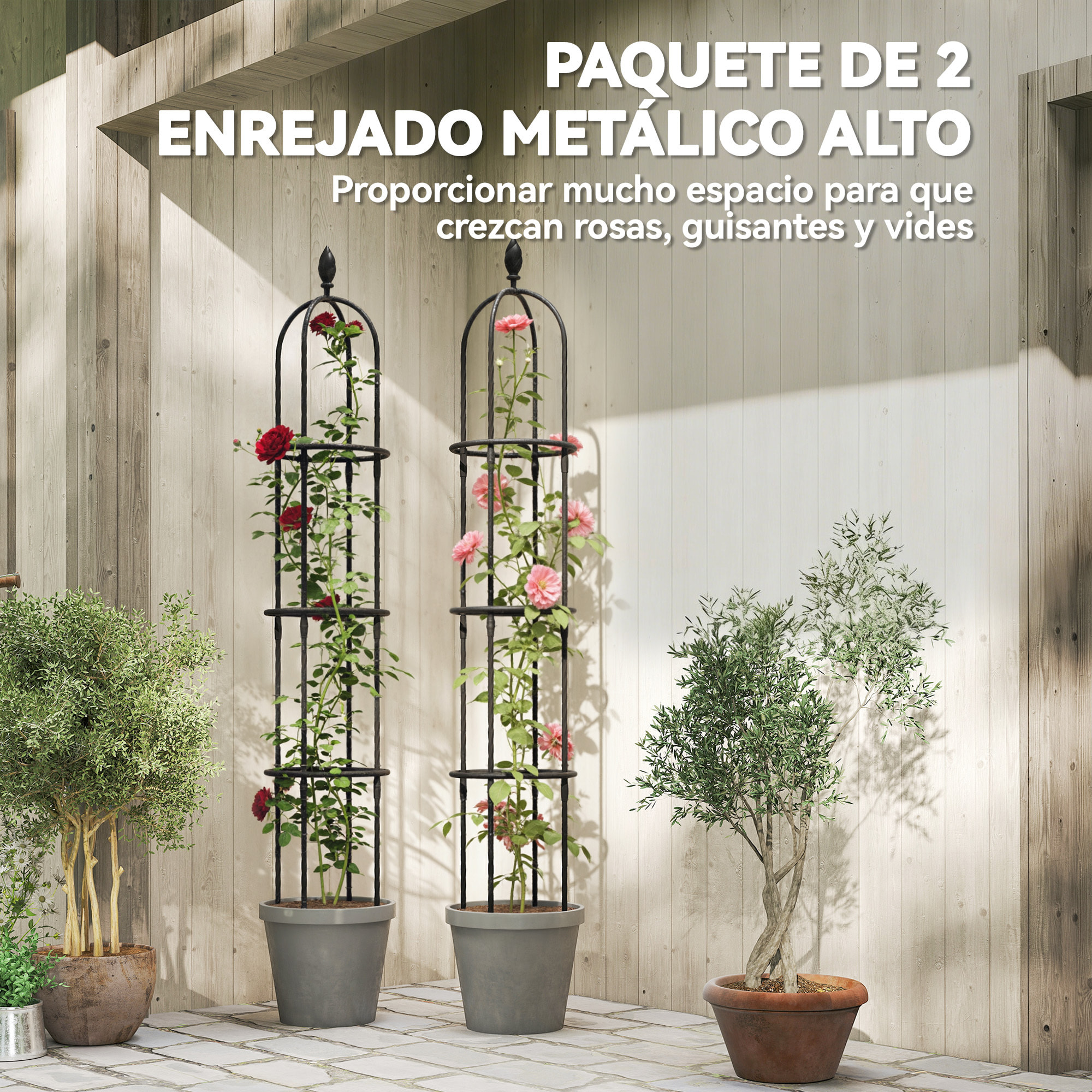 Juego de 2 Obeliscos de Jardín de Acero, 1,74 m, Enrejados para Plantas Trepadoras, Rosas, Frutas, Verduras, Soportes Decorativos para Exterior, Patio, Terraza, Negro