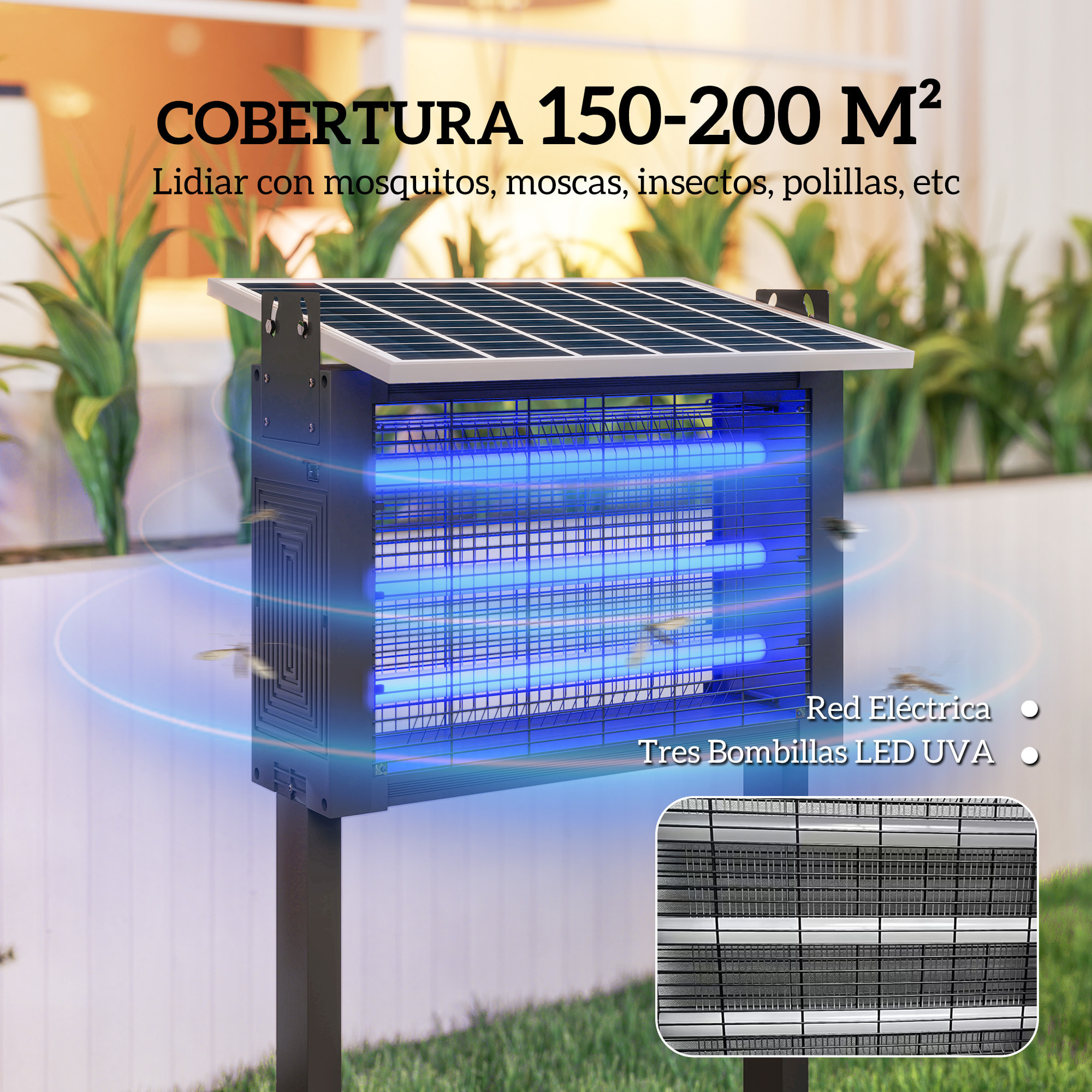 Lámpara Antimosquitos Eléctrica con Luces LED Mata Mosquitos Eléctrico 25W para Exterior Efecto 200 m² con Soporte Panel Ajustable Lámpara UV Repelente de Insectos Moscas Polillas