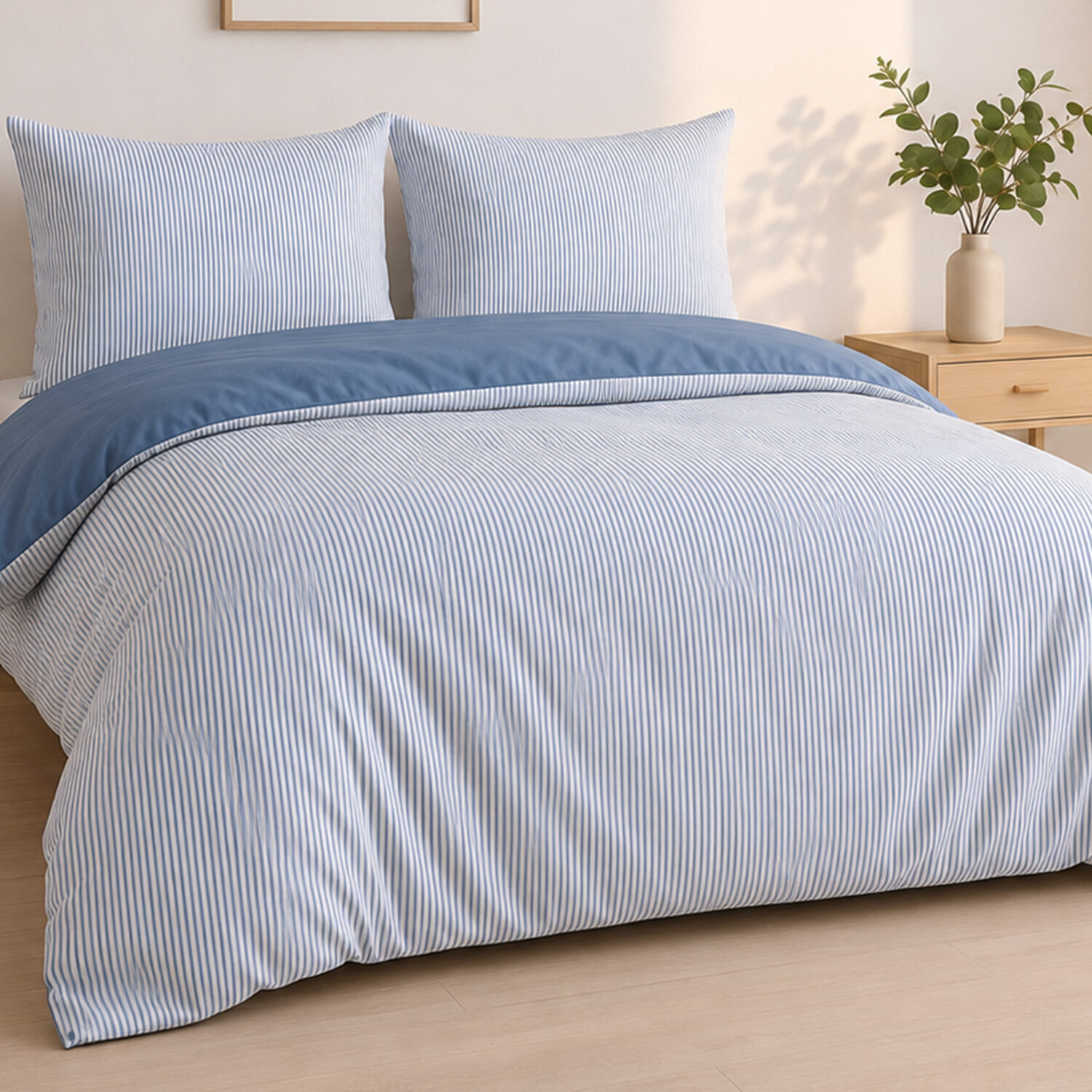 Parure housse de couette mini seersucker rayures demin bleu, MILLERAY