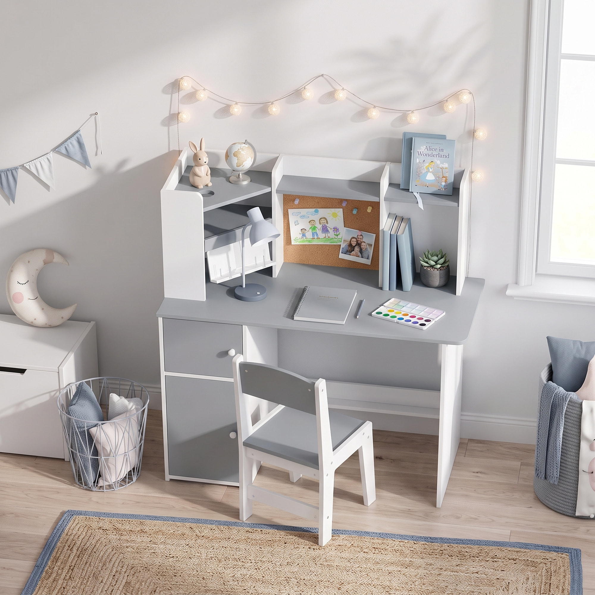 Bureau enfant chaise design multi-rangement avec panneau en liège blanc gris