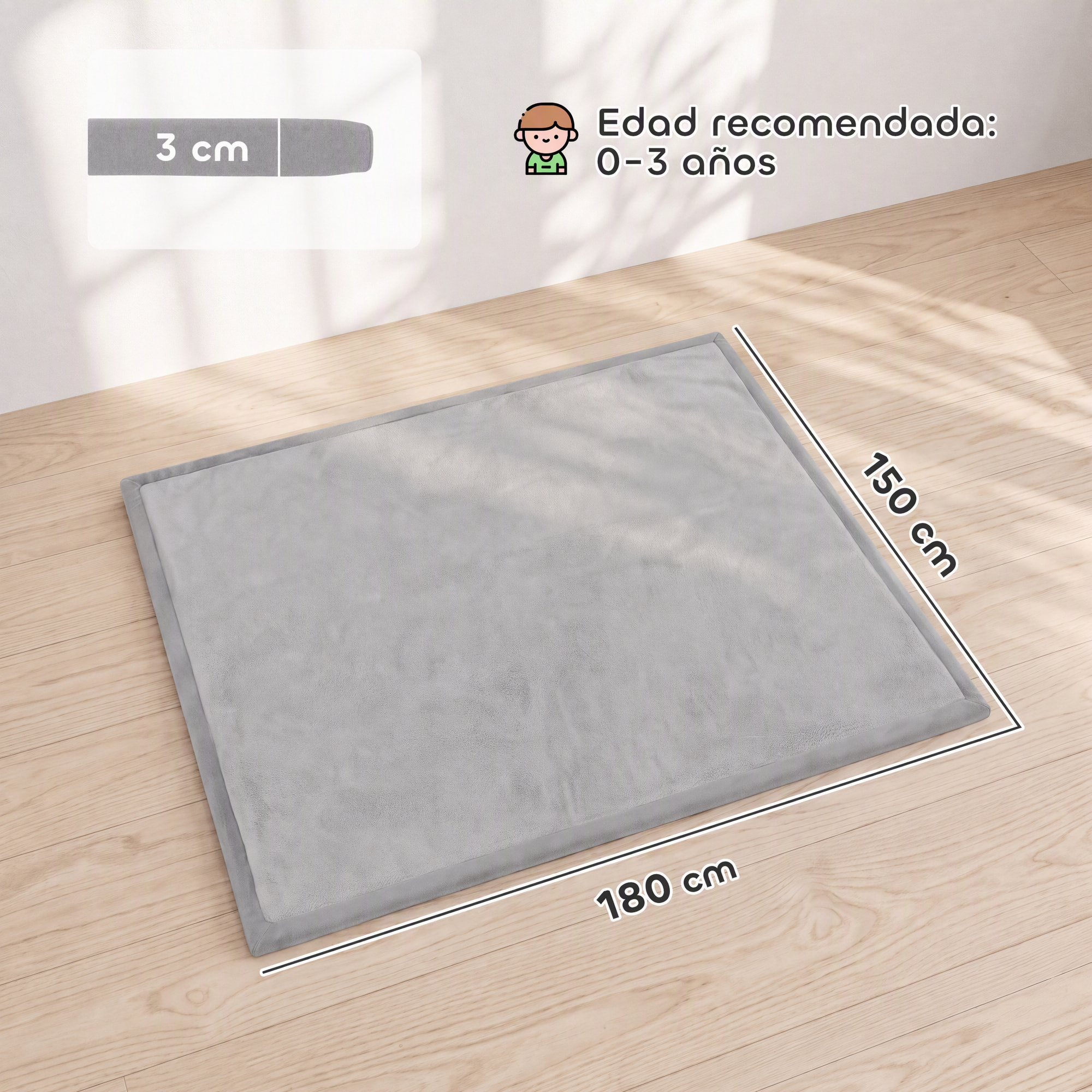 AIYAPLAY Alfombra Bebés Acolchada, 180x150 cm, Espuma de 3 cm, Colchoneta de Juegos, Franela Suave, Antideslizante, Resistente al Agua y Fácil de Limpiar, Gris Claro