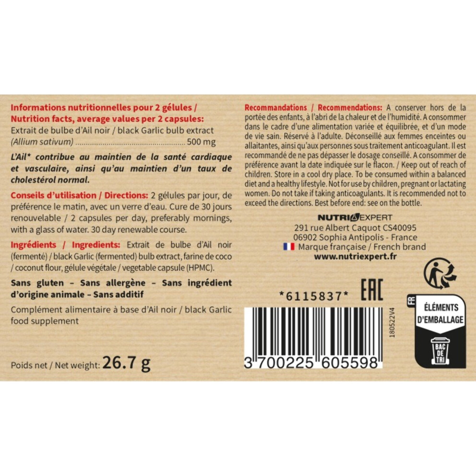 NUTRIEXPERT - Ail Noir Fermenté - Contribue au maintien de la santé cardiaque et vasculaire - Sans gluten