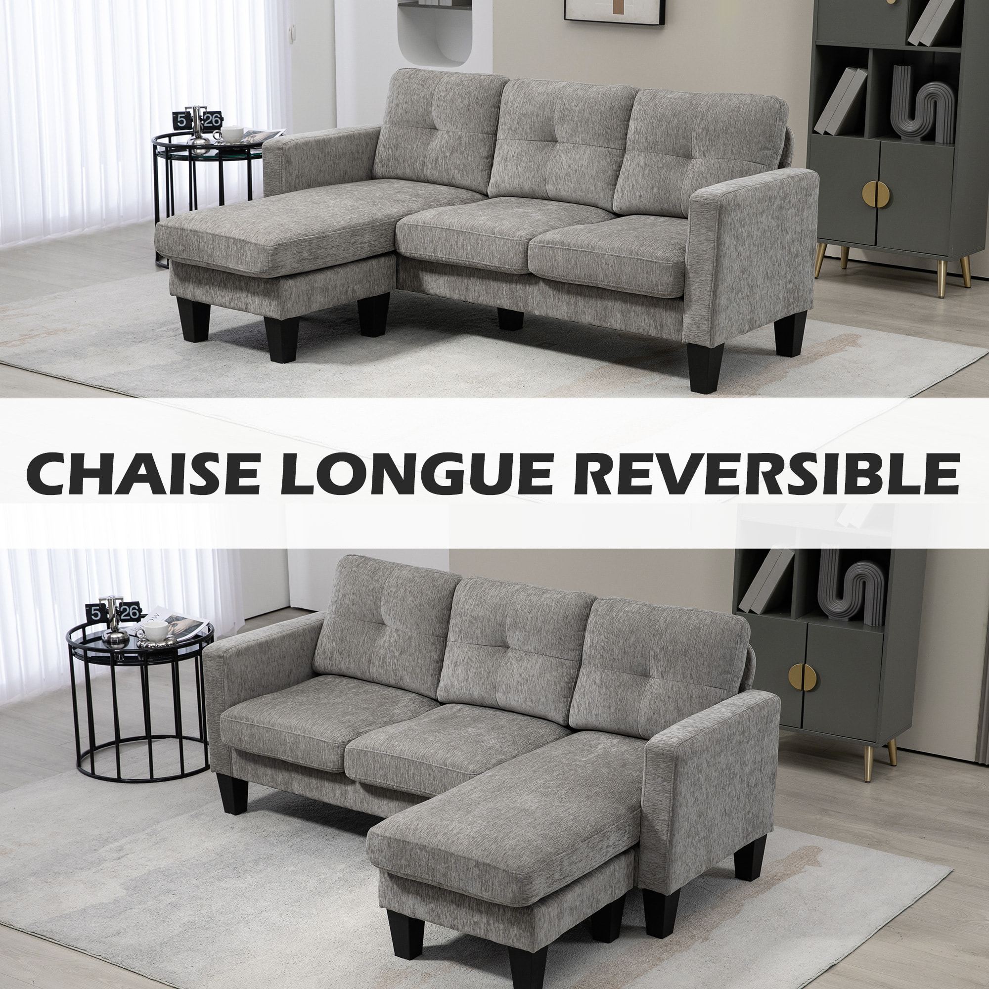 Sofá Chaise Longue Reversible, Sofá de 3 Plazas en Forma de L, Tapizado en Chenilla, Asiento y Respaldo Acolchados, Estructura de Acero, 186x130x84 cm, Marrón Topo