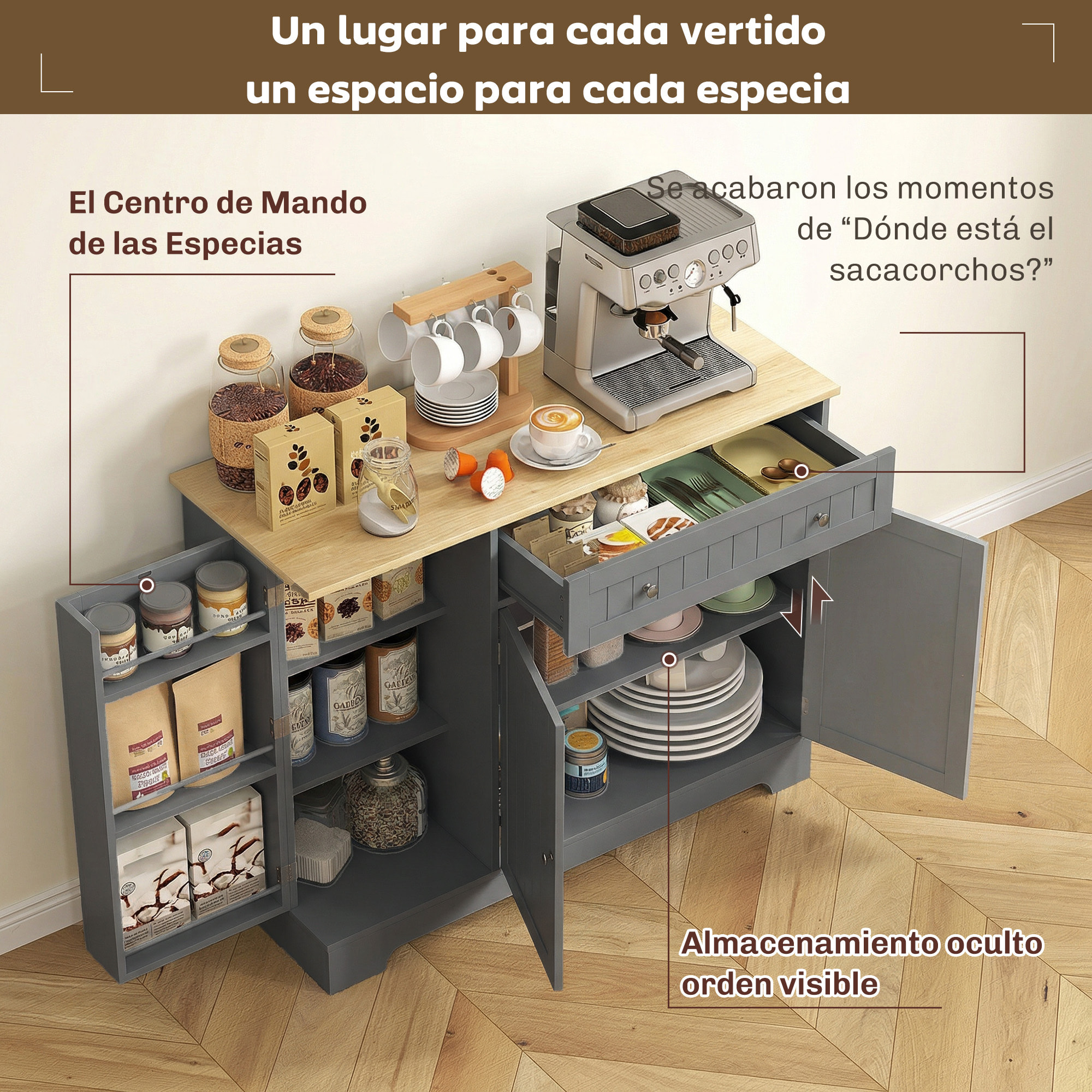 Aparador de Cocina, Armario de Cocina con 3 Estantes de Puerta, 1 Cajón, Estantes Ajustables, Aparador para Comedor, 105x40x83 cm, Gris