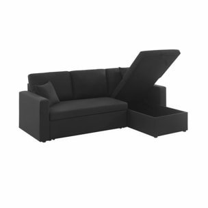 Canapé d'angle convertible en tissu noir - IDA - 3 places. fauteuil d'angle réversible coffre rangement lit modulable