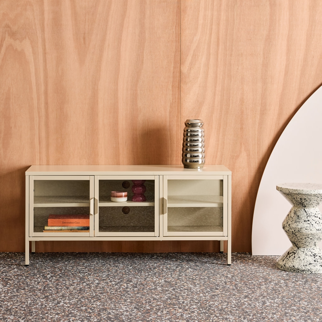 Meuble TV industriel métal et verre trempé 3 portes 120cm ARKANSAS