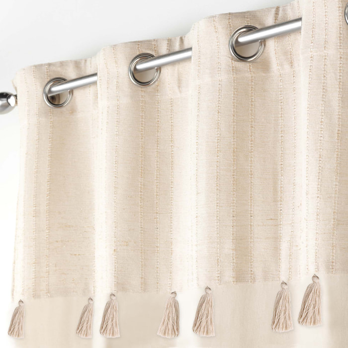 Rideau à œillets avec top métallisé et pompons - Naturel