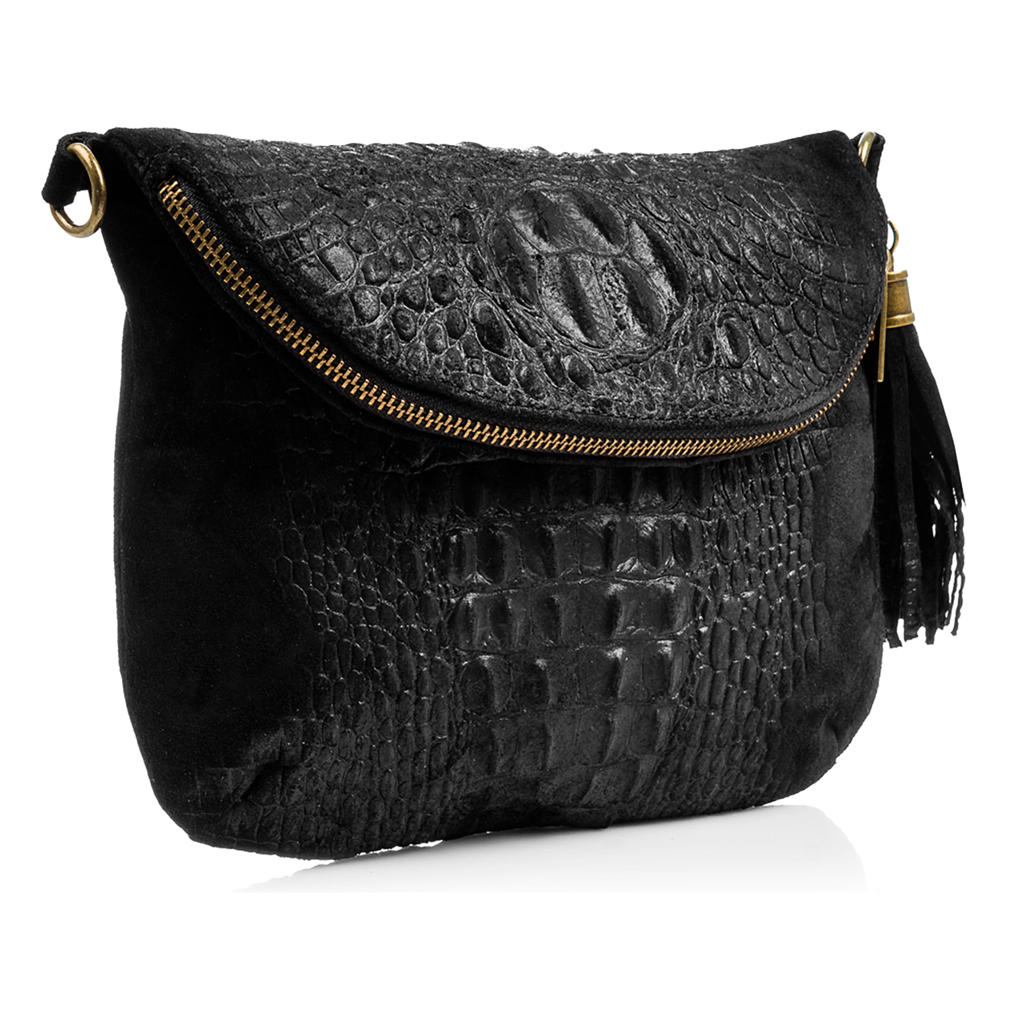 Borsa a tracolla da donna Cenerente. Vera pelle scamosciata con stampa coccodrillo.