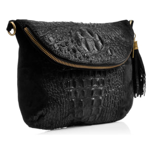 Borsa a tracolla da donna Cenerente. Vera pelle scamosciata con stampa coccodrillo.
