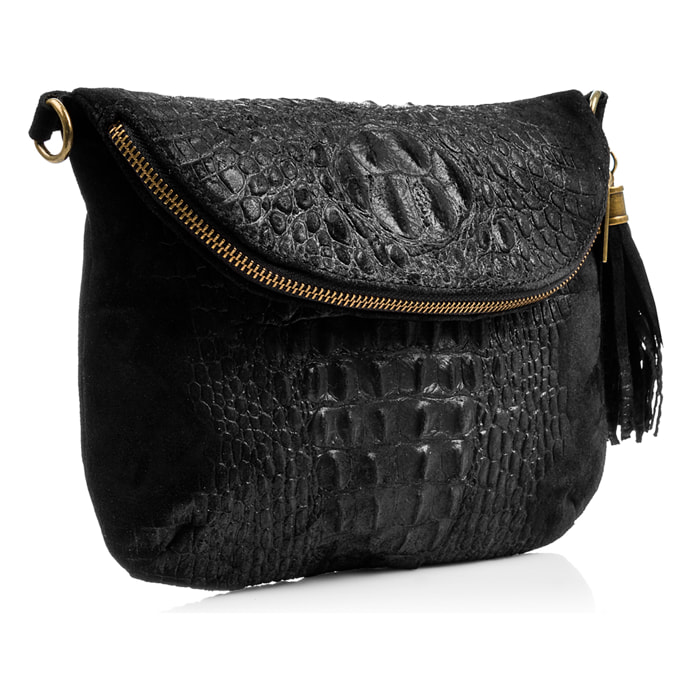 Borsa a tracolla da donna Cenerente. Vera pelle scamosciata con stampa coccodrillo.