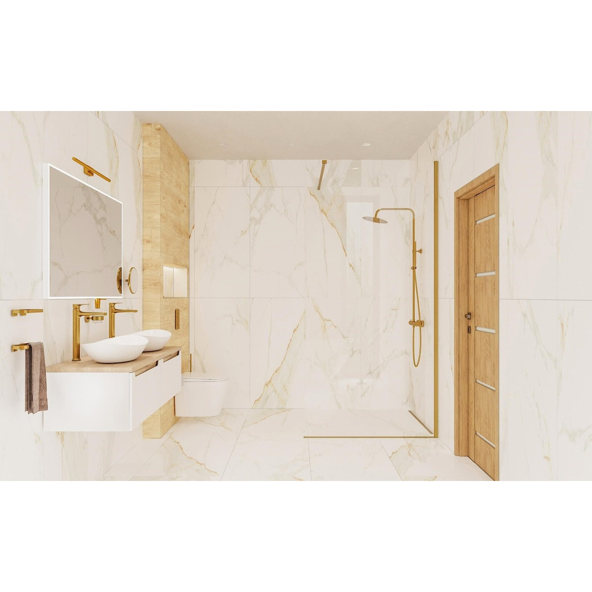 Walk-in 140x200cm Paroi en verre Crystal Glass® 8 mm anticalcaire, avec bras et profilés or (SATBWI140PRZ)