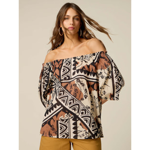 Oltre - Blusa off-shoulders de muselina estampada - Beige
