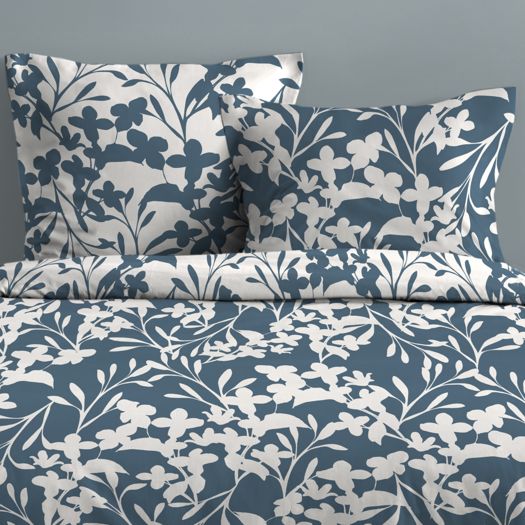 Parure de lit 3 pièces en coton imprimé floral housse + taies - Bleu