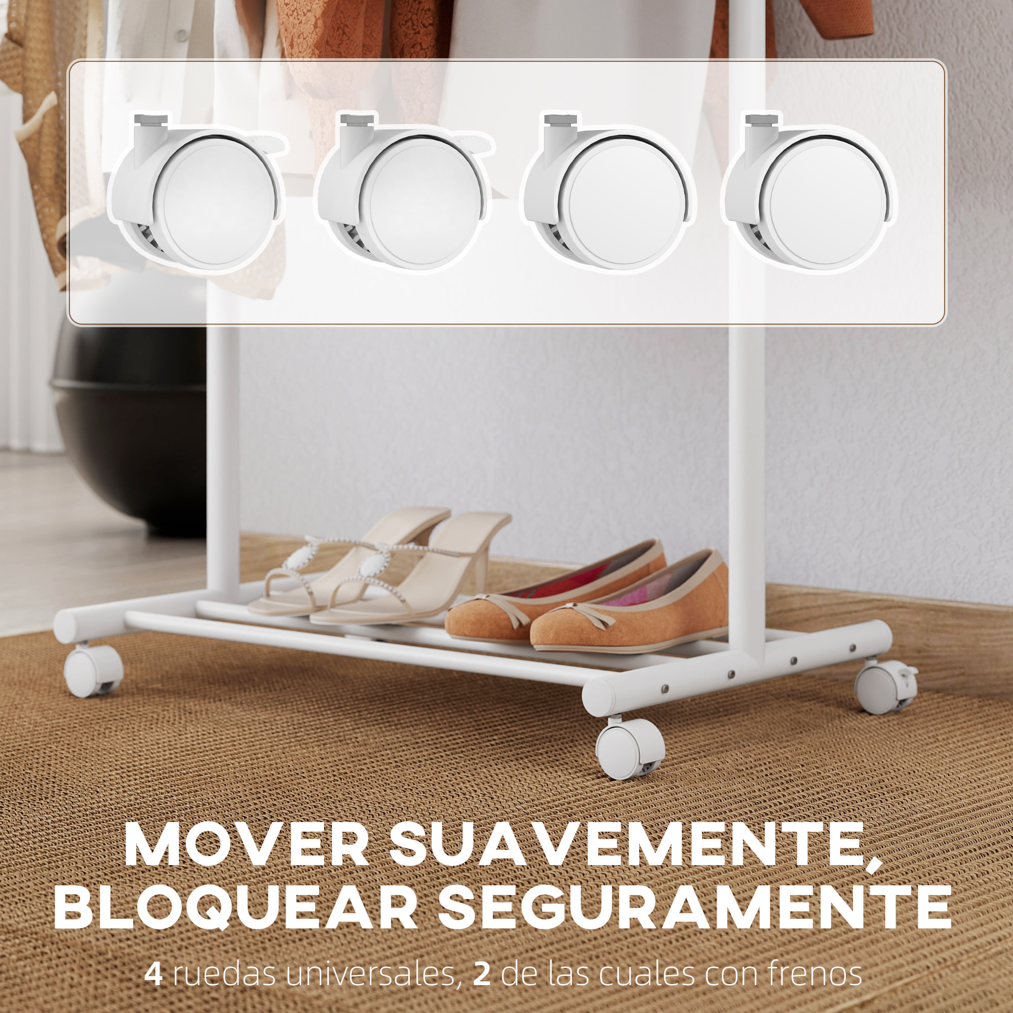 Burro Ropa con Ruedas, Perchero Burro Ropa con 5 Ganchos Barra para Colgar y Balda Inferior Perchero para Recibidor, Entrada, Dormitorio, 68x43x171 cm, Blanco