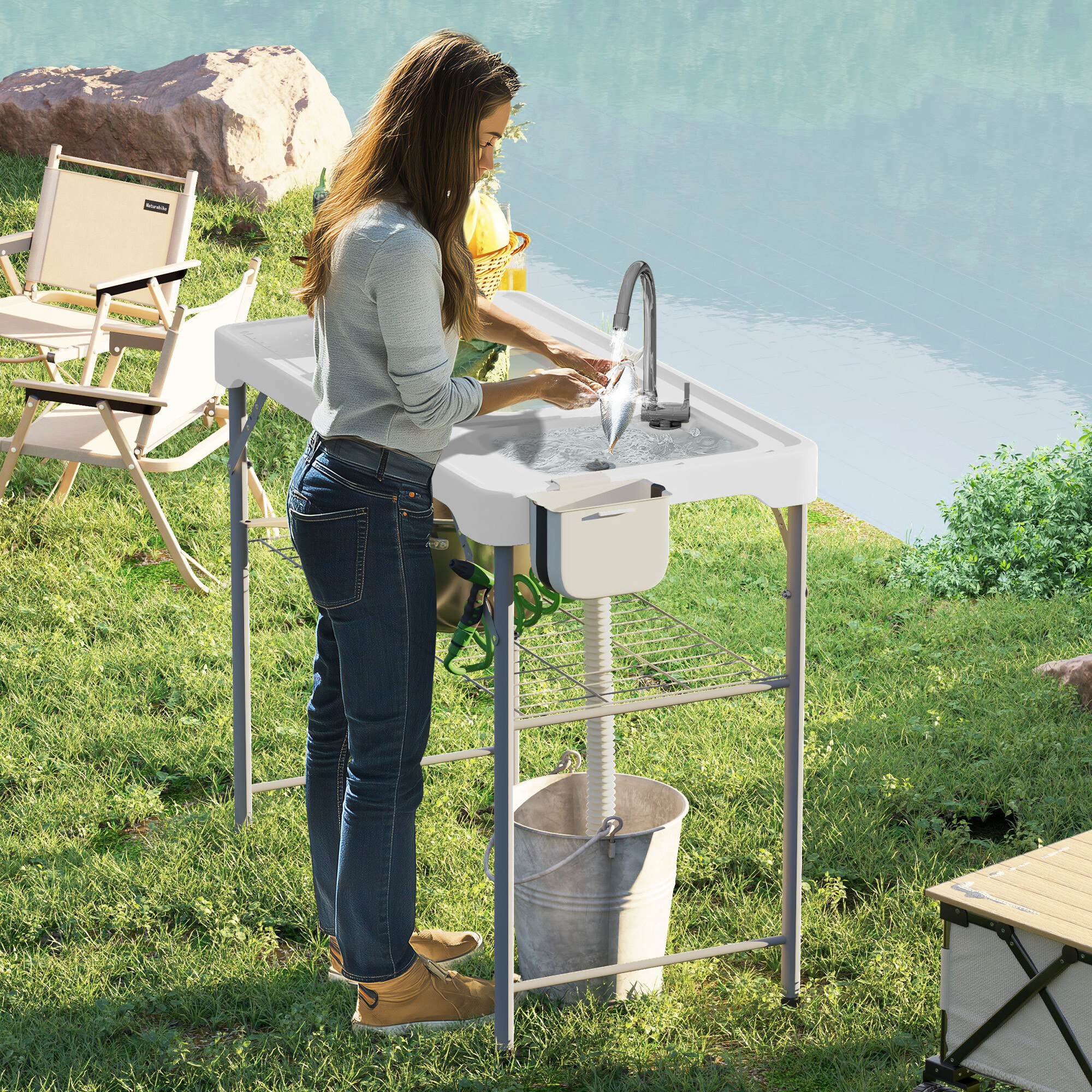 Mesa para Limpiar Pescado Portátil Mesa Plegable para Camping con 2 Fregaderos Manguera de Drenaje Estación de Limpieza y Grifo para Pesca Barbacoa Blanco