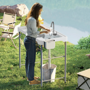Mesa para Limpiar Pescado Portátil Mesa Plegable para Camping con 2 Fregaderos Manguera de Drenaje Estación de Limpieza y Grifo para Pesca Barbacoa Blanco